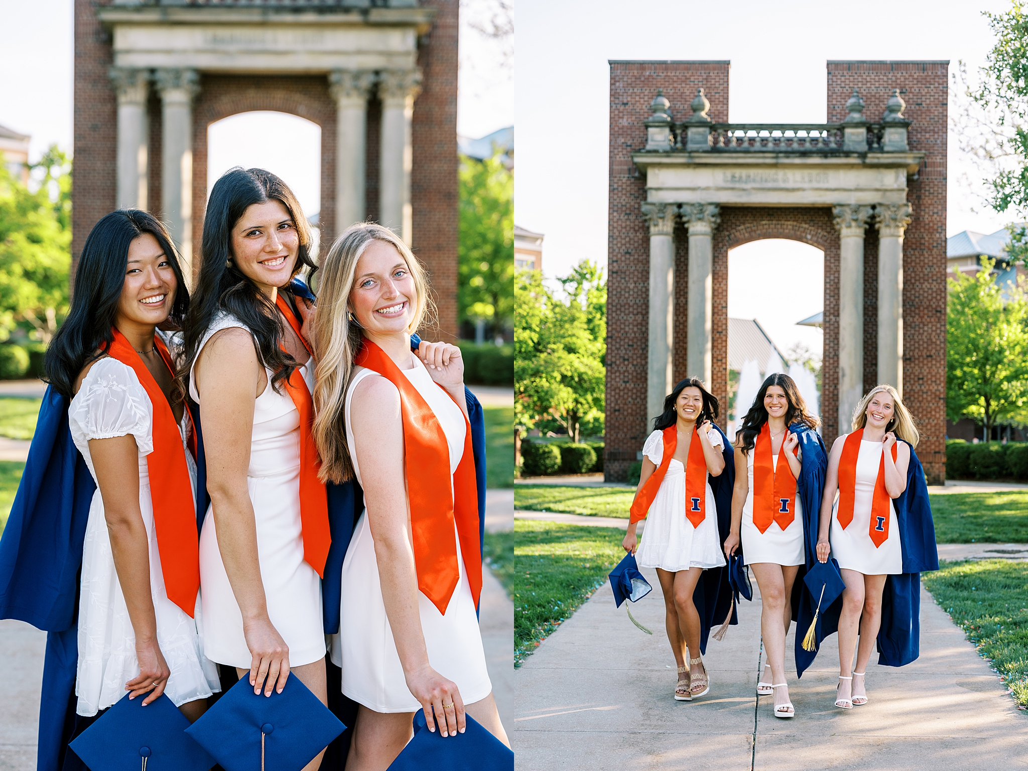 Graduation portraits at the University of Illinois in Champaign-Urbana featuring cap and gown photos at iconic UIUC locations by Kim Ritchie Photography.