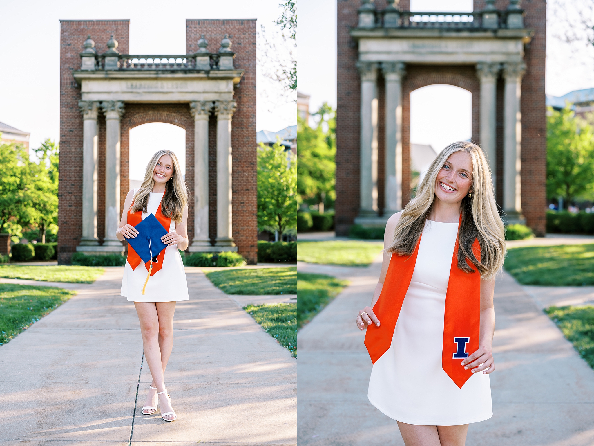 Graduation portraits at the University of Illinois in Champaign-Urbana featuring cap and gown photos at iconic UIUC locations by Kim Ritchie Photography.
