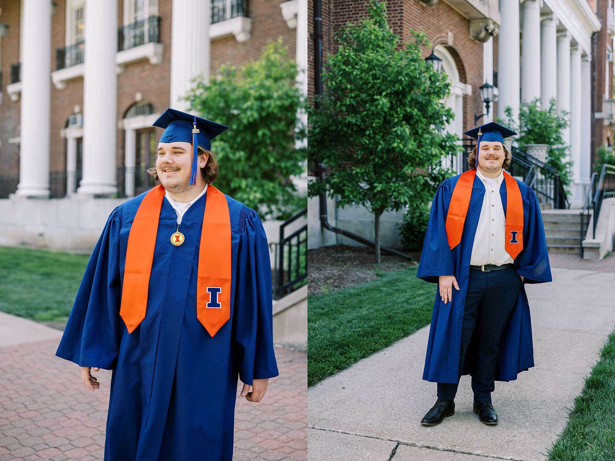 Graduation portraits at the University of Illinois in Champaign-Urbana featuring cap and gown photos at iconic UIUC locations by Kim Ritchie Photography.